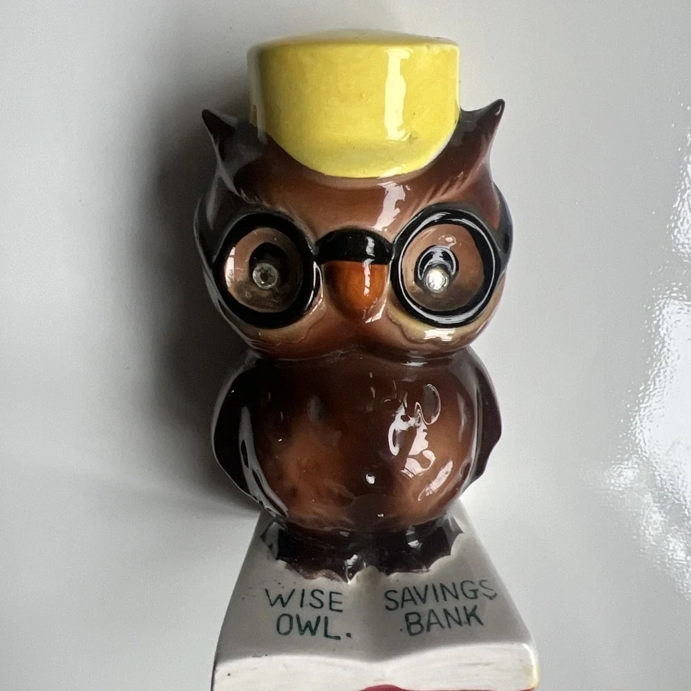 Vintage Wise Owl Savings Bank Elliott's Paints E. Ryburn Enesco Ceramic Glasses